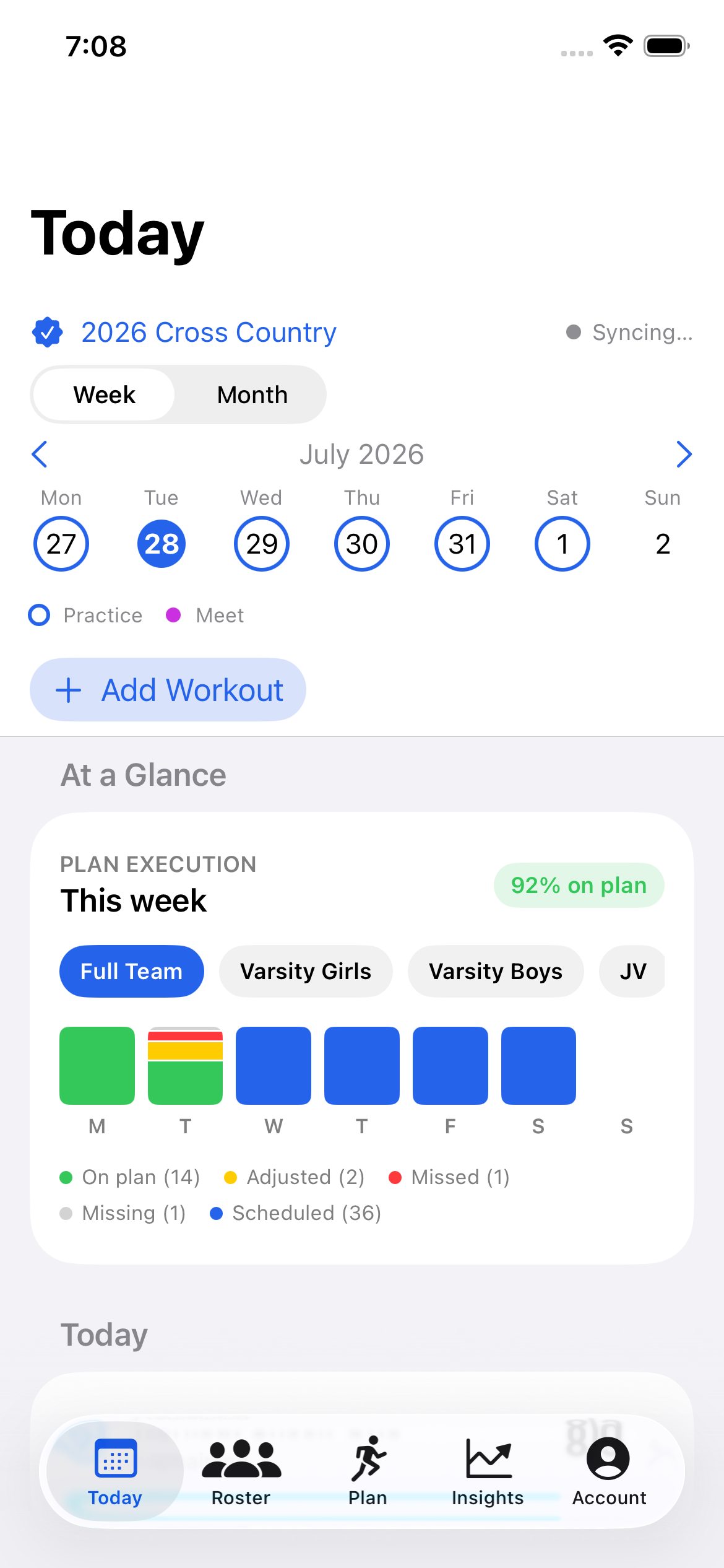 CoachSplit Today screen showing weekly plan execution, training-group filters, and stacked workout outcomes